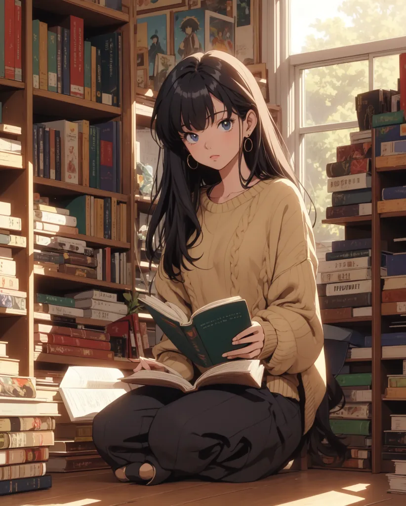 The image shows a girl with long black hair and blue eyes sitting in a library, reading a book. She is wearing a yellow sweater and black pants. There are bookshelves all around her, and a large window on the right side of the image. The sun is shining through the window, creating a warm and inviting atmosphere. The girl is sitting on the floor, with her legs crossed. She is holding the book in her hands and is looking at it intently. Her expression is one of concentration and enjoyment. It is clear that she is lost in the world of the book. The image is very peaceful and relaxing. It captures the beauty of reading and the joy of being lost in a good book.