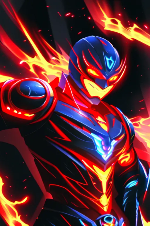 The image shows a superhero wearing a red and blue suit with a black mask. The superhero is surrounded by fire.