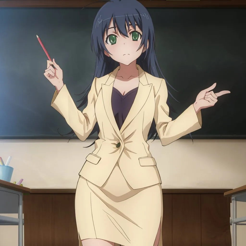 The image shows a young woman standing in a classroom. She has long blue hair, green eyes, and is wearing a beige suit. She is holding a red pencil and is pointing to the left with her other hand. There is a blackboard behind her and some empty desks in front of her.