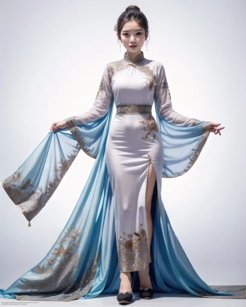 The image shows a woman wearing a white and blue cheongsam. The cheongsam is a traditional Chinese dress that is typically worn by women. It is a one-piece dress that is fitted to the body and has a high collar. The cheongsam is often made from silk or other luxurious fabrics and is often decorated with intricate embroidery or beading. The woman in the image is wearing a white cheongsam with a blue collar and cuffs. The cheongsam is also decorated with intricate embroidery. The woman is wearing her hair in a bun and is wearing makeup. She is also wearing a pair of blue earrings. The image is taken from a professional photographer and is likely a fashion advertisement.