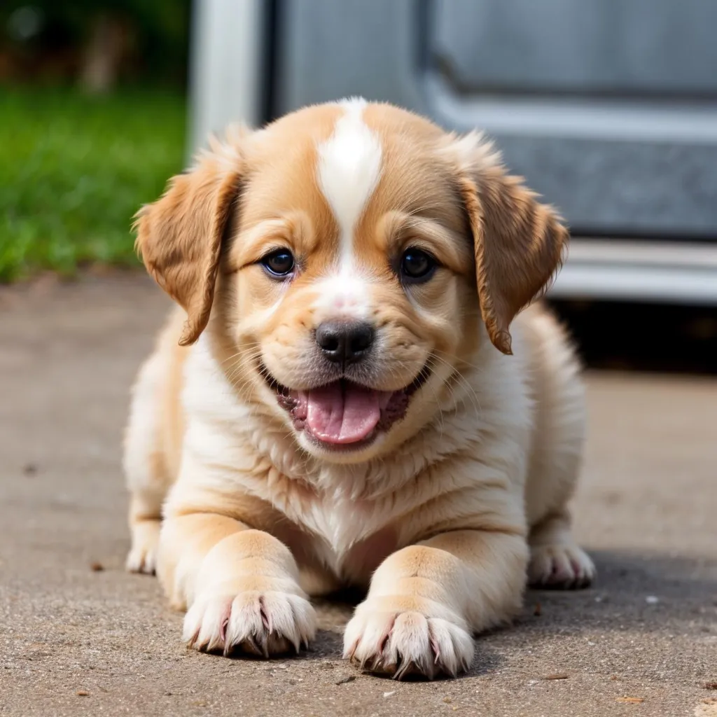 The image shows a small, light brown puppy with a white patch of fur on its chest and white paws. The puppy is sitting on the ground in front of a blurry background of green grass and a gray door. The puppy has its front paws resting in front of him and is looking at the camera with a happy expression on its face.