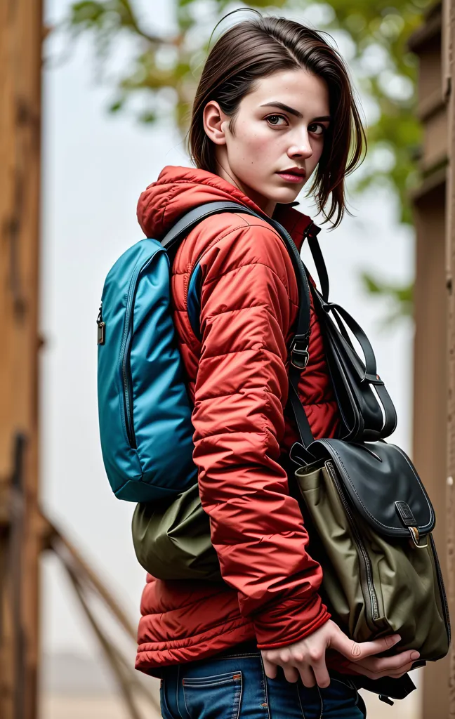 A young woman with short brown hair is wearing a red puffy jacket, a blue backpack, and a green and brown bag over her shoulder. She is looking at the camera with a serious expression.