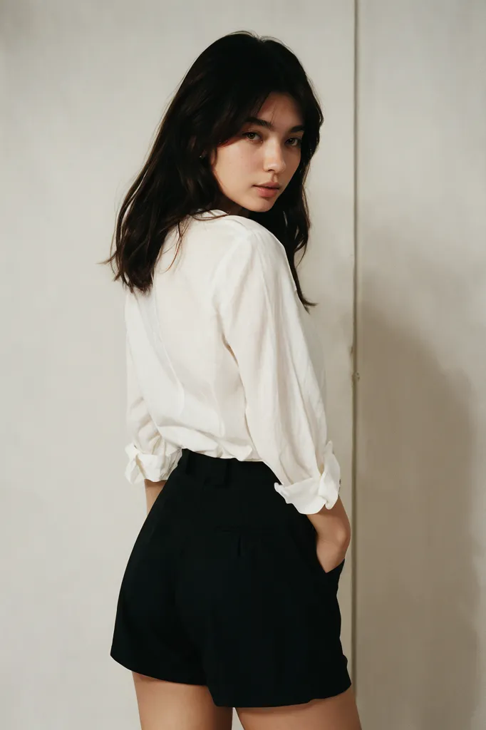 A young woman is standing with her back to the camera. She has long dark hair and is wearing a white button-down shirt and black shorts. She has one hand in her pocket and is looking over her shoulder at the camera.