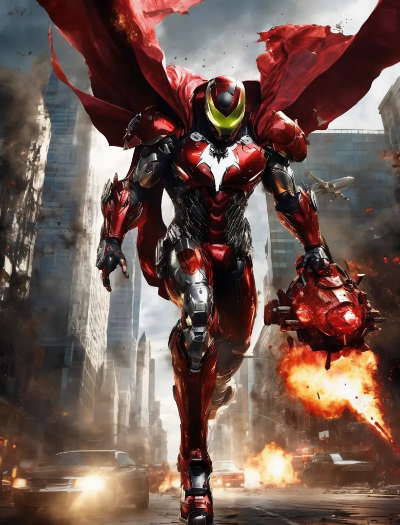 The image shows a superhero wearing a red and silver suit of armor. The superhero is standing in a city street, with buildings and cars in the background. The superhero is holding a large gun in his right hand. The superhero is looking at the camera with a determined expression on his face.