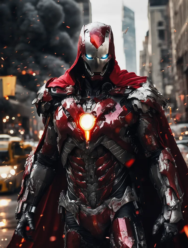 The image shows a superhero wearing a red and silver Iron Man suit with a red cape. The superhero is standing in a city street with a destroyed car in the background. The superhero is looking at the camera with a determined expression.