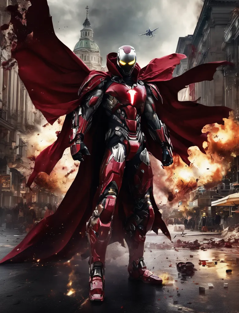 The image shows a superhero wearing a red and silver suit of armor with a red cape. The superhero is standing in a city that is on fire. There are explosions and debris flying everywhere. The superhero is looking at the camera with a determined expression on his face.