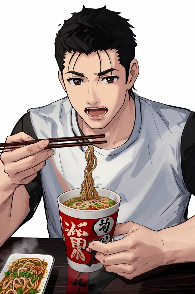 A man is eating a cup of instant noodles with chopsticks. He is slurping the noodles and looks like he is enjoying his meal. He is wearing a white shirt and has black hair. The cup of noodles is red and has Chinese characters on it. There is a plate of noodles on the table next to him. The background is white.