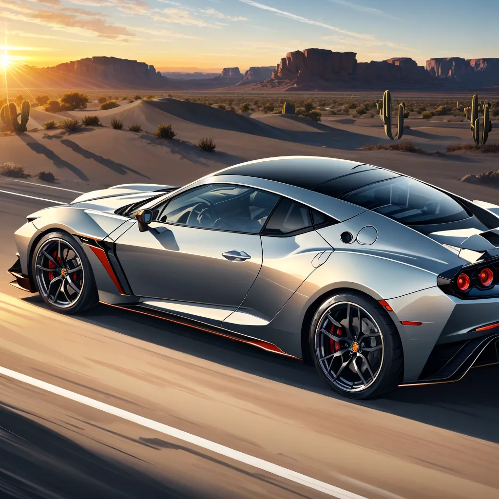 A silver sports car is driving through a desert landscape. The car is sleek and has a low profile. The sun is setting in the background, casting a warm glow over the scene. The car is moving quickly, and the driver is clearly enjoying the experience.