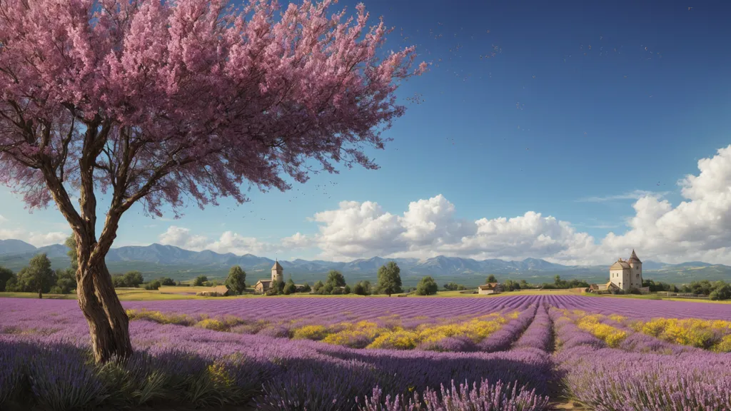 The image shows a field of lavender with a large tree in the foreground. The tree is in full bloom and its branches are covered in pink flowers. The lavender is also in bloom and the field is a sea of purple. There is a blue sky with white clouds in the background. There is a stone house in the distance.