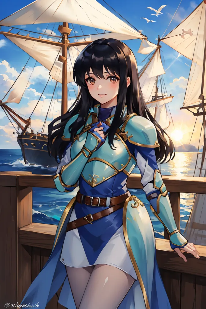 A young woman with long black hair is standing on the deck of a ship. She is wearing a blue and white outfit and a breastplate. She is looking at the viewer with a smile on her face. There are two ships in the background. The sky is blue and there are some clouds in the distance.