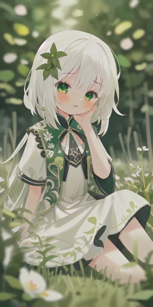 The image is of a small girl with white hair and green eyes. She is wearing a white and green dress with a flower in her hair. She is sitting in a field of green grass and flowers. She has a thoughtful expression on her face and is looking to the side.