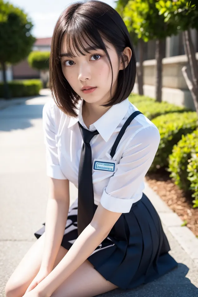 The image shows a young woman with short black hair and bangs. She is wearing a white shirt, black tie, and black pleated skirt. She is kneeling on the ground and looking at the camera with a serious expression. She has a name tag on her shirt that says \