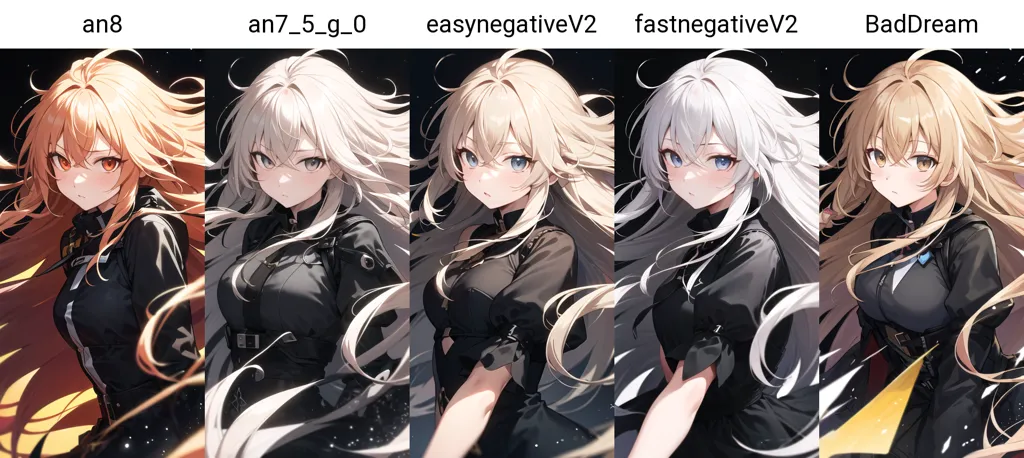 The image shows five different anime girls with long hair. They are all wearing black outfits. The first girl has orange hair and red eyes, the second girl has white hair and blue eyes, the third girl has white hair and blue eyes, the fourth girl has white hair and blue eyes, and the fifth girl has blonde hair and orange eyes. The first, second, fourth, and fifth girls are all looking at the viewer, while the third girl is looking away.