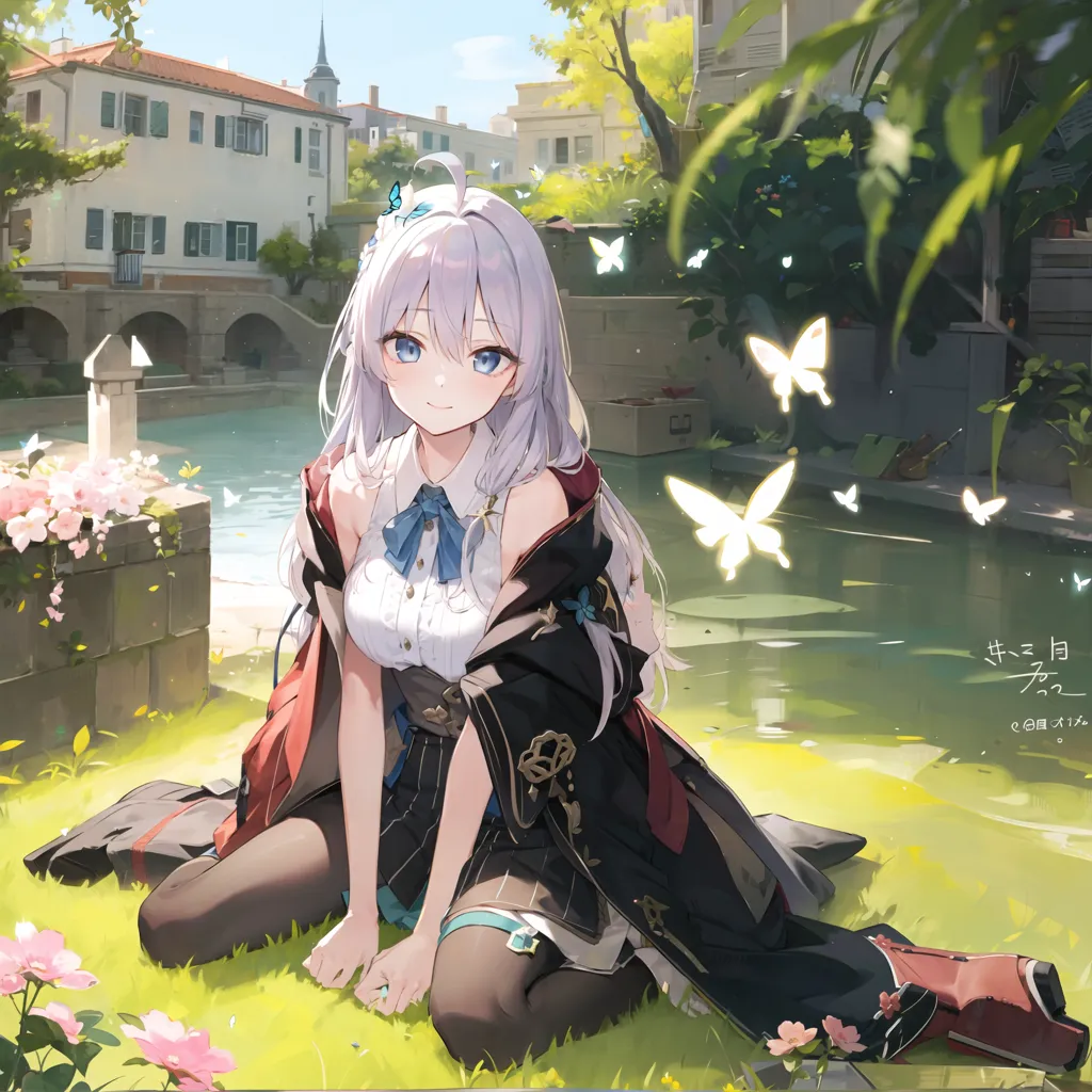 The image is of an anime-style girl with long white hair and blue eyes. She is wearing a white and blue top, a black skirt, and a red cape. She is sitting on the grass in a park with a river in the background. There are flowers and butterflies in the foreground. The girl is smiling and has her eyes closed.