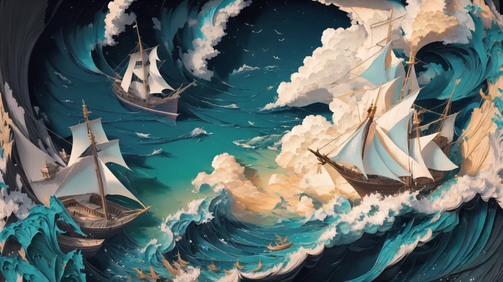 The image is a painting of a stormy sea. There are three ships in the foreground, all of which are being tossed by the waves. The waves are depicted in a variety of colors, including blue, green, and white. The sky is dark and cloudy, with shades of blue and purple. The painting is done in a realistic style, and the artist has captured the sense of movement and danger of the storm.