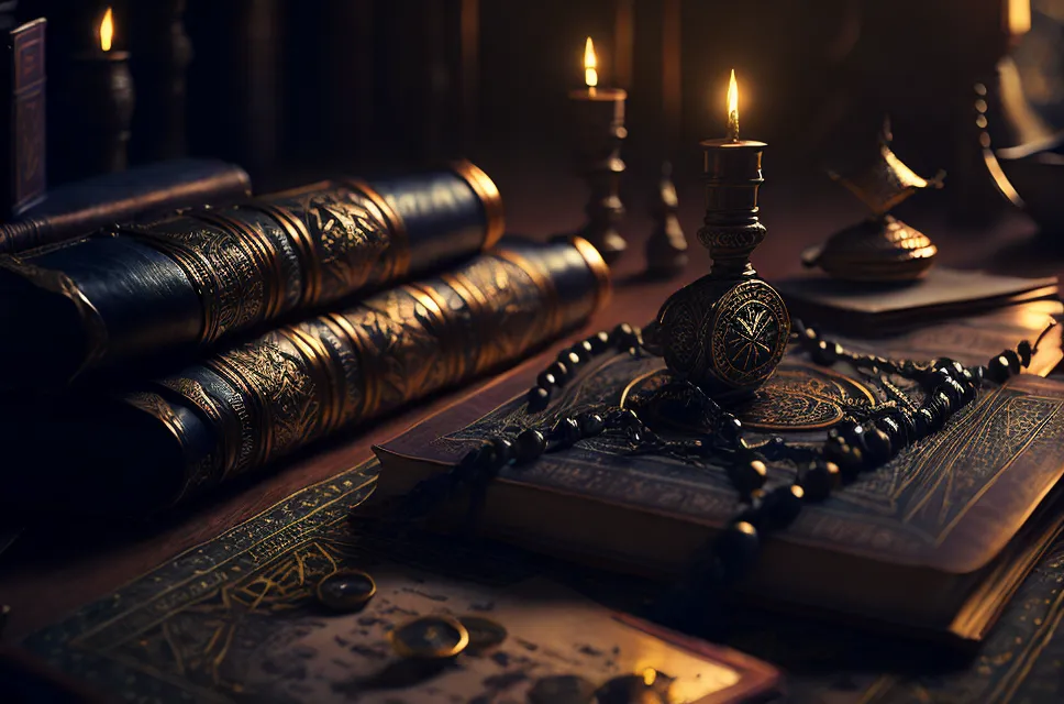 The image is a still life of a desk with a candle, books, and other objects. The candle is in a golden holder and is lit, casting a warm glow over the scene. The books are stacked on the left side of the desk. The desk is made of wood and has a dark brown finish. The overall effect of the image is one of mystery and intrigue.