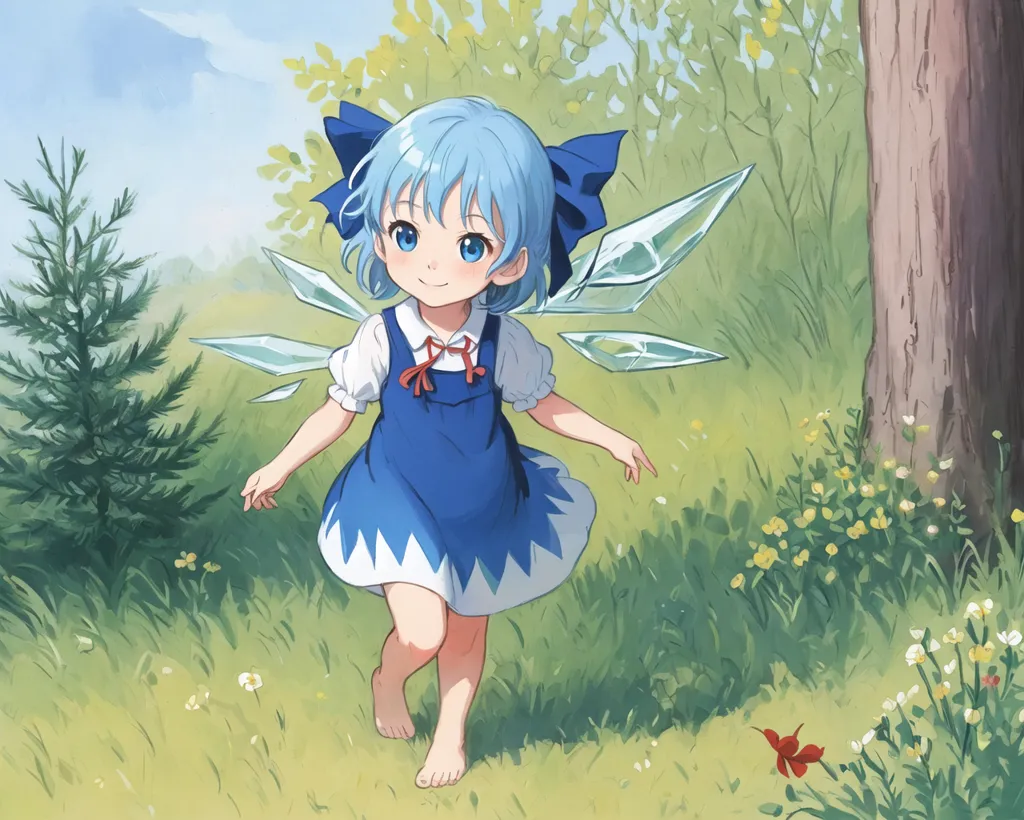 The image is of a young girl with blue hair and blue eyes. She is wearing a white and blue dress with a red ribbon around her waist and a large blue bow in her hair. She also has blue crystal wings and is barefoot. She is standing in a field of green grass and flowers with a large tree to her right. In the distance are two mountains. The sky is blue and there are some clouds. The image is drawn in an anime style.