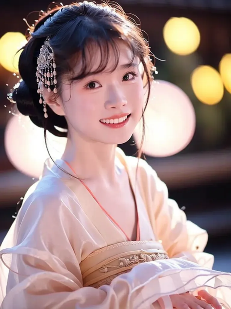 The picture shows a young Chinese woman in traditional Chinese dress. She is wearing a white and pink hanfu with intricate details and a long pink skirt. Her hair is up in a bun with a traditional hairpiece. She is smiling and looking at the camera. The background is blurred and has a warm, inviting atmosphere.