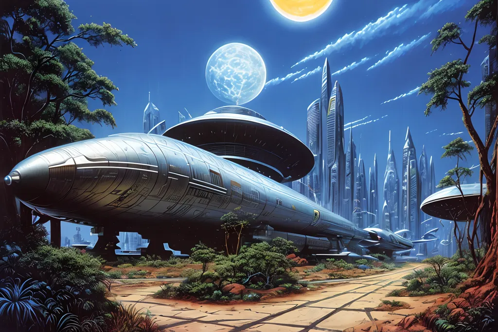 A imagem mostra uma cidade futurista com uma grande nave espacial prateada em primeiro plano. A nave é longa e elegante, com uma cúpula no topo e vários motores em seus lados. Ela está estacionada em uma plataforma de pouso no meio de uma grande cidade. A cidade é composta por arranha-céus altos, muitos dos quais são feitos de vidro e metal. Os edifícios estão dispostos em um padrão de grade, e há ruas e praças largas entre eles. A cidade é cercada por uma grande muralha, e há várias árvores e outras plantas crescendo dentro da muralha. O céu é azul e há um sol brilhante. Há duas luas no céu, uma cheia e uma crescente. A imagem é cheia de cores vibrantes e tem um ar muito retrô.