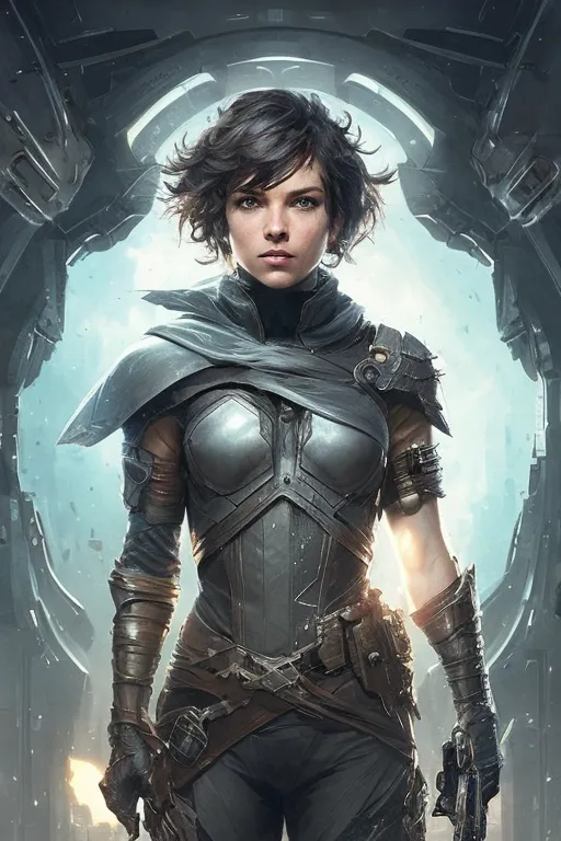 A imagem mostra uma jovem mulher em pé diante de uma grande porta de metal. Ela está vestindo um traje de couro preto e uma capa cinza. Ela tem uma arma na mão e parece estar pronta para uma luta. O fundo da imagem é uma nave espacial, e a mulher parece estar com pressa.