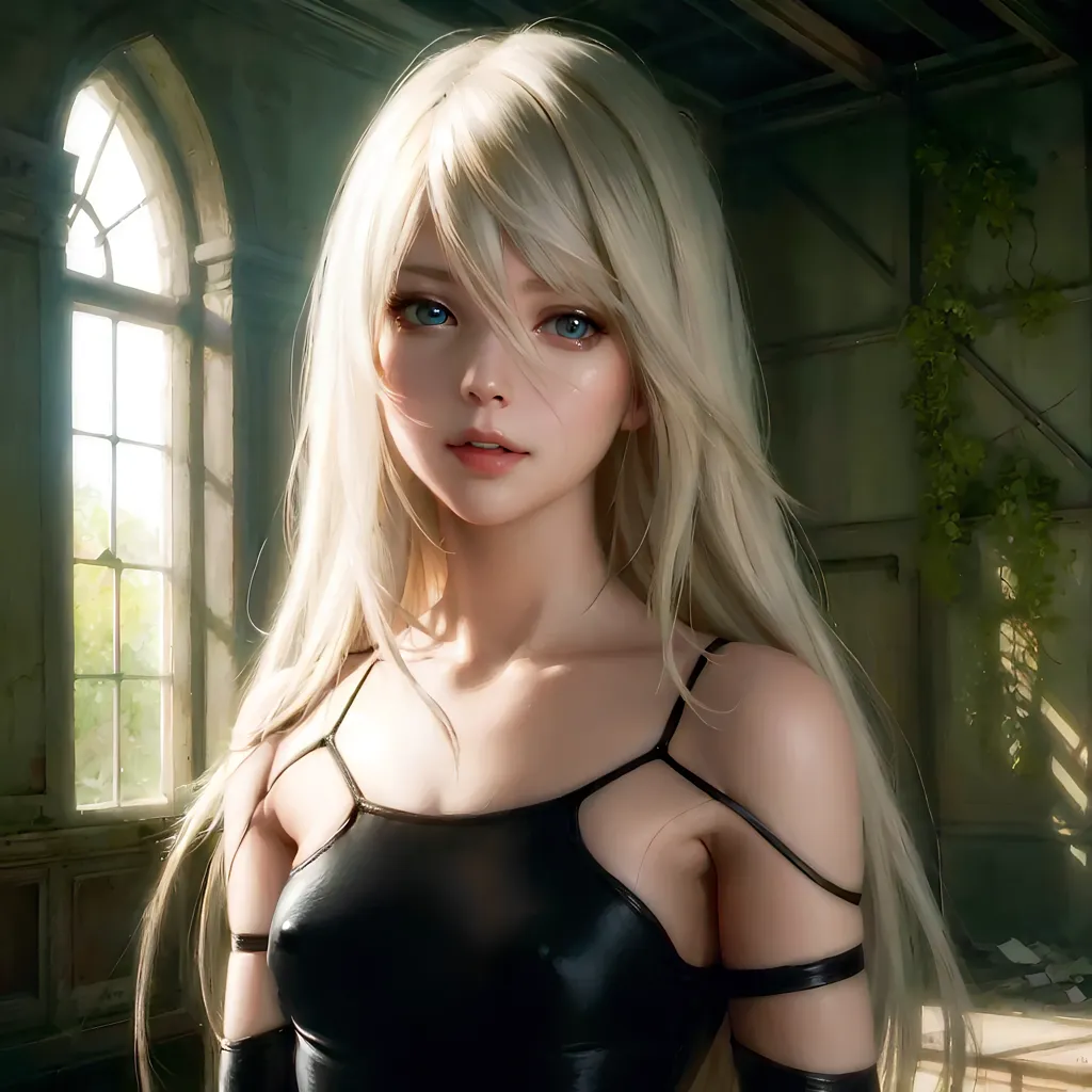 The image is a photo of a young woman with long white hair and blue eyes. She is wearing a black dress with a low neckline and a high collar. She is standing in a dark room with a window in the background. The light from the window is shining on her face. Her expression is serious and thoughtful.