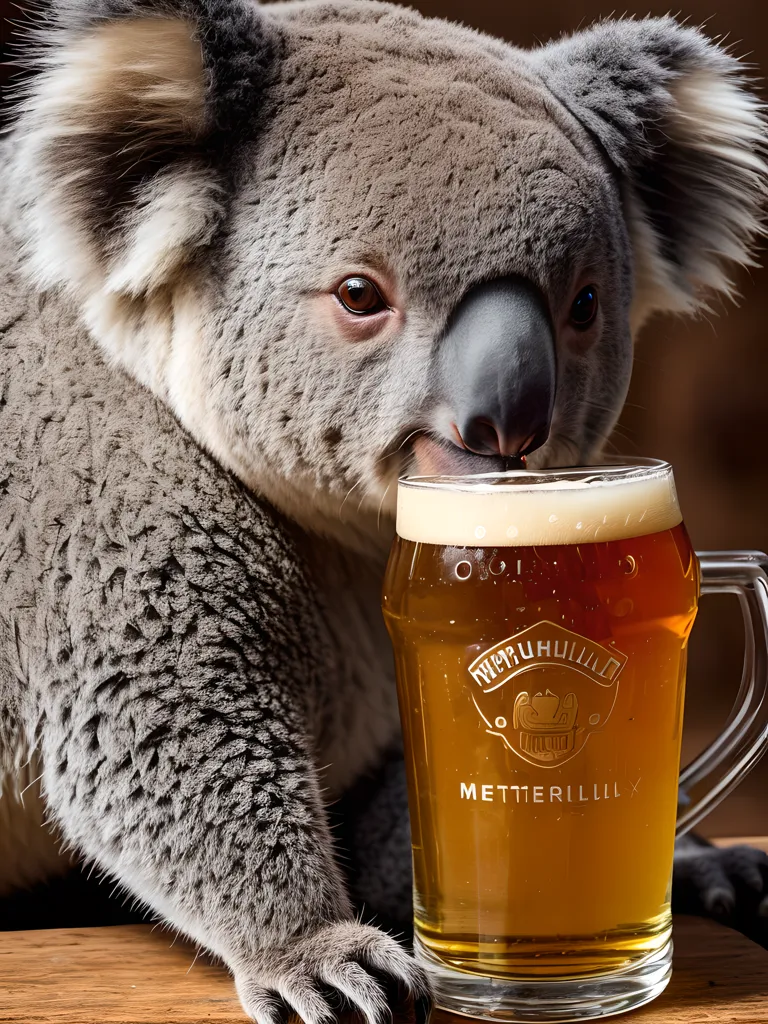 The image shows a koala sitting on a wooden table or bar and drinking beer from a glass with the word \