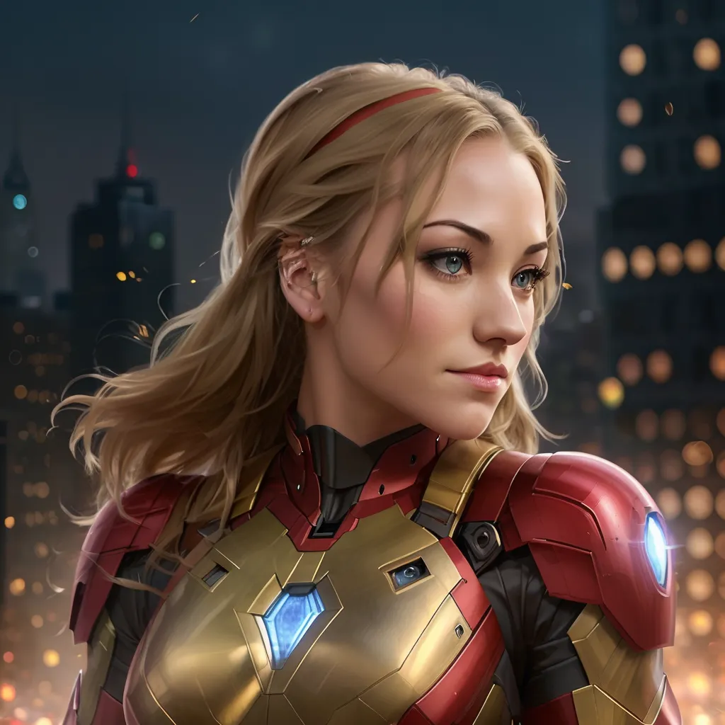 The image shows a young woman with long blond hair and blue eyes. She is wearing a red and gold Iron Man suit of armor. The suit has a glowing blue circle in the center of the chest. The woman is standing in a city, with a blurred background of buildings and lights.