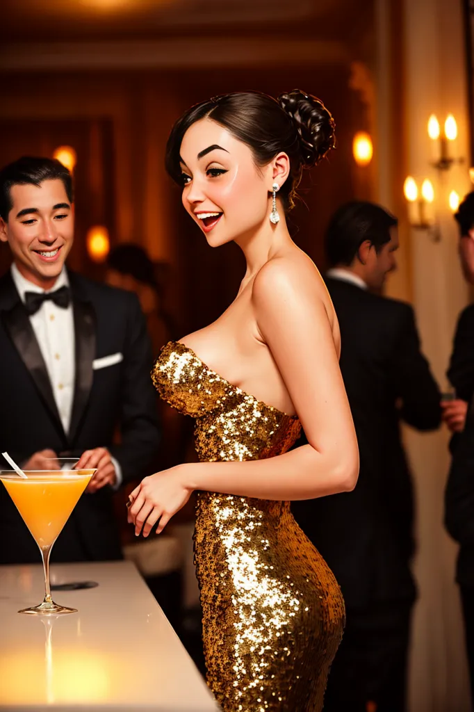 The picture shows a woman in a gold sequined gown standing at a bar. She has a surprised expression on her face and is looking at something or someone off-camera. She is holding a martini glass with an orange-colored drink in it. She is wearing a diamond necklace and diamond earrings. Her hair is in a bun and she has a diamond bracelet on her right wrist. There is a man in a tuxedo standing to her left. He is looking down at her and has a smile on his face. There are other people in the background of the picture, all of whom are wearing formal attire.