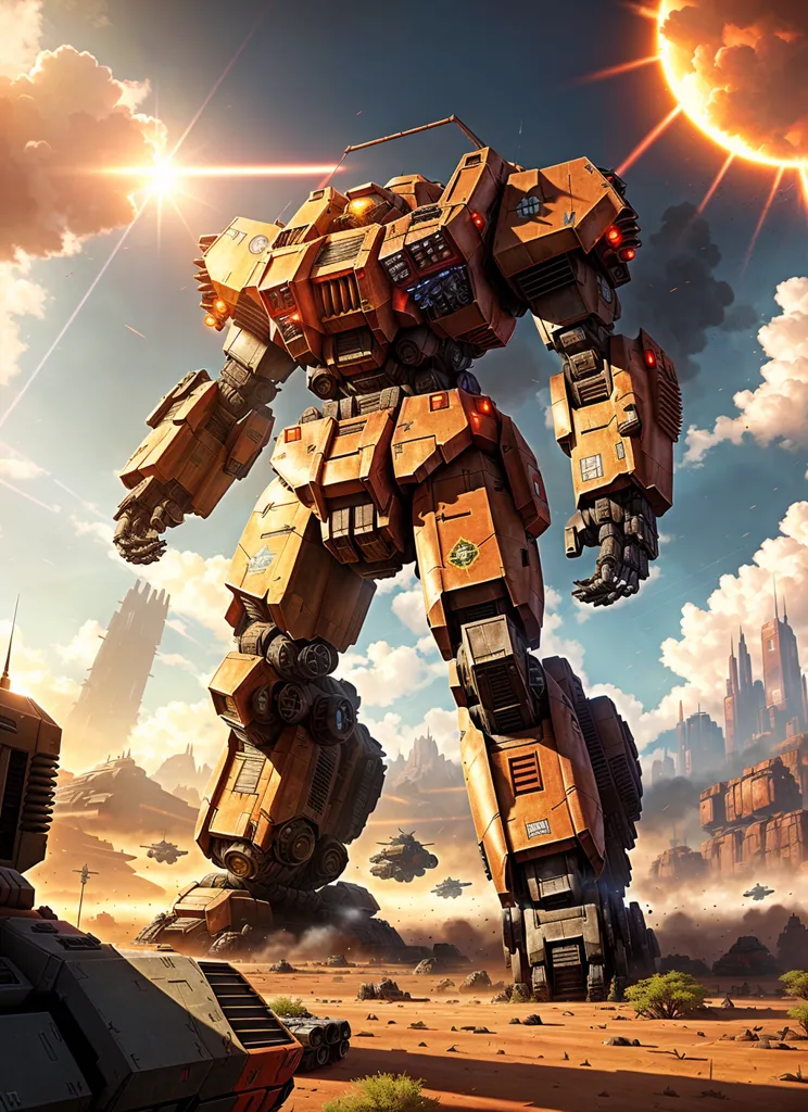 The image shows a giant yellow mech standing in a desert. The mech is armed with a variety of weapons, including a large gun on its right arm and a smaller gun on its left arm. It also has a shield on its left arm. The mech is surrounded by smoke and debris, and there are several destroyed vehicles on the ground. In the background, there is a large city.