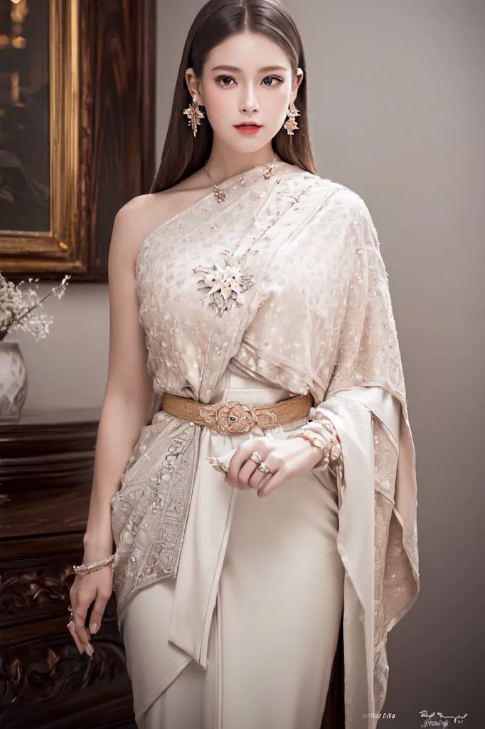 A imagem mostra uma jovem mulher vestindo um vestido tradicional tailandês. O vestido é branco e dourado, com bordados e bordados intrincados. A mulher também está usando um tradicional chapéu tailandês e joias. Ela está em pé em frente a uma casa tradicional tailandesa.