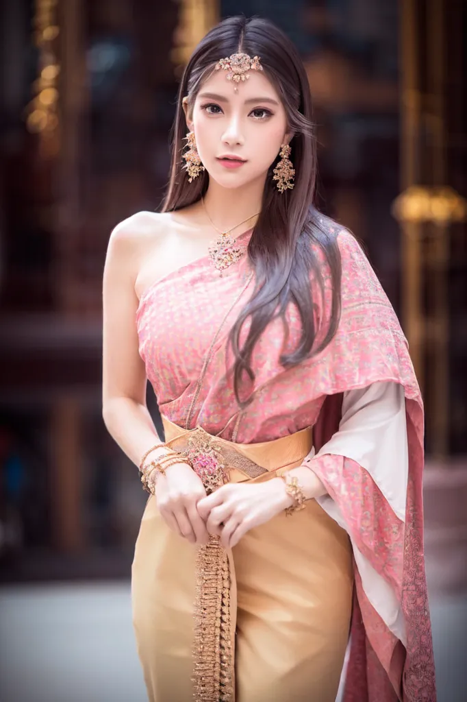 A imagem mostra uma jovem mulher vestindo um vestido tradicional tailandês. O vestido é de cor rosa e dourada e tem uma saia longa e fluida. A mulher também está usando um tradicional adereço de cabeça tailandês e jóias. Ela está em pé em frente a um edifício tradicional tailandês. A imagem é tirada de um ângulo ligeiramente elevado, o que faz a mulher parecer mais alta e imponente. O fundo está desfocado, o que ajuda a focar a atenção na mulher. A imagem está bem iluminada, o que realça as cores do vestido e das jóias da mulher. A mulher está sorrindo, o que dá à imagem um ar feliz e festivo.