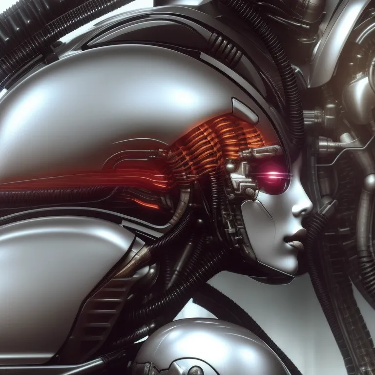 The image is a close-up of a female cyborg's head and shoulders. She has silver skin and red eyes, and her head is covered in wires and tubes. There is a glowing red light on the left side of her head. She is wearing a black and silver suit, and her shoulders are covered in armor. She has a serious expression on her face.