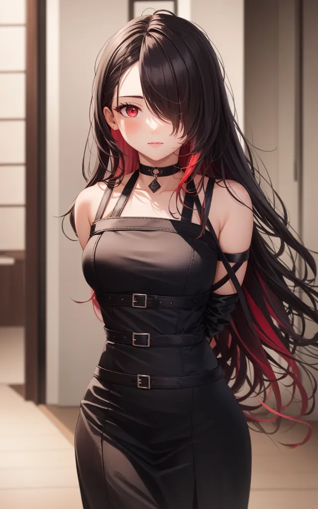 The image shows a young woman with long black hair and red eyes. She is wearing a black dress with a high collar and a corset-like bodice. The dress is trimmed with red and has a long slit in the front. She is also wearing a black choker with a red gem in the center. Her hair is flowing down her back in loose waves. She is standing in a room with a white wall and a brown floor. There is a door on the left side of the room and a window on the right side. The woman is looking at the viewer with a shy expression on her face.