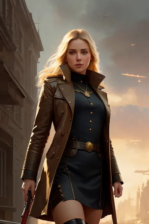 The image shows a young woman, with blond hair, dressed in a military-style outfit. She is wearing a brown leather trench coat over a dark green dress. The dress has gold buttons and a belt with a gold buckle. She is also wearing black boots. She is carrying a gun in her right hand. There is an airplane in the sky behind her.