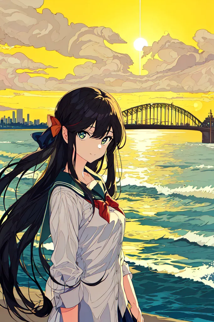 The image is a painting of a young girl standing on a beach, looking out at the ocean. The girl is wearing a white shirt and a blue skirt. She has long black hair and green eyes. The sun is setting behind her, casting a golden glow over the scene. The bridge in the background is the Sydney Harbour Bridge.