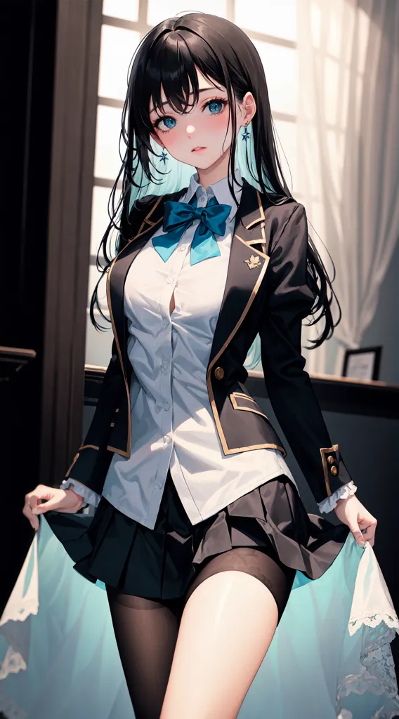 The picture shows a young woman with long black hair and blue eyes. She is wearing a white shirt, a black jacket, and a blue bow tie. She is also wearing a black skirt and black stockings. She is standing in front of a white background, and she has a gentle smile on her face.