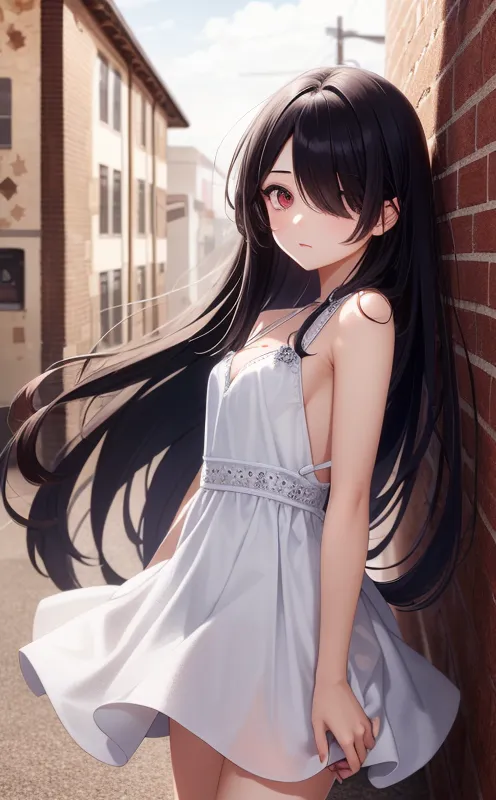 The image shows a young woman with long black hair and red eyes. She is wearing a white dress and leaning against a brick wall. The background is a blurred street with buildings and trees. The woman has a sad expression on her face.