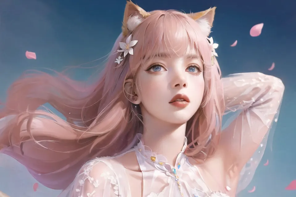 The image is a portrait of a young woman with pink hair and blue eyes. She has cat ears and is wearing a white dress. She is standing in front of a blue background with a few pink flower petals falling around her. The image is drawn in a realistic style and the woman's expression is soft and serene.