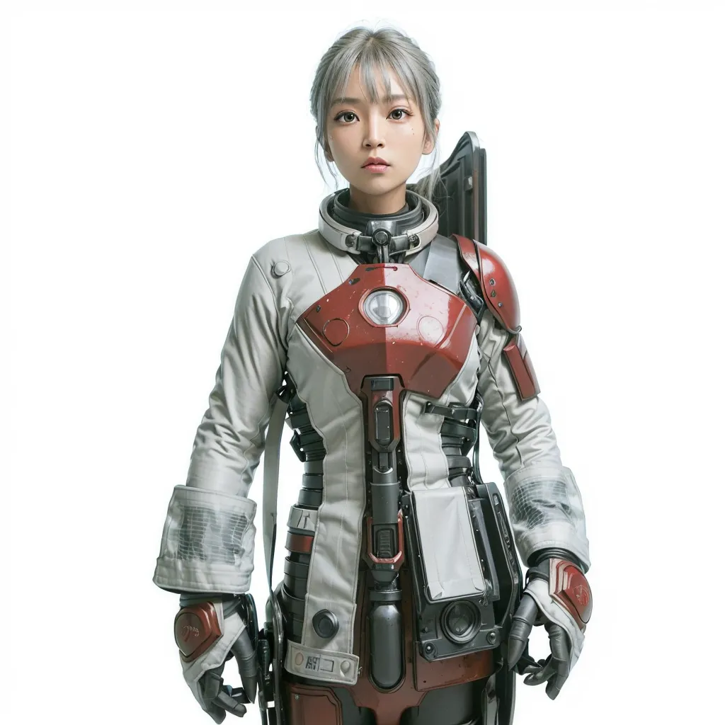 This is an image of a young girl in a futuristic spacesuit. She has short gray hair and light brown eyes. She is wearing a white spacesuit with red and gray accents. The spacesuit has a large red circle on the chest with a clear window in the center. She is also wearing a backpack and a utility belt. She has a gun in her right hand. She is standing in a confident pose, looking directly at the viewer.
