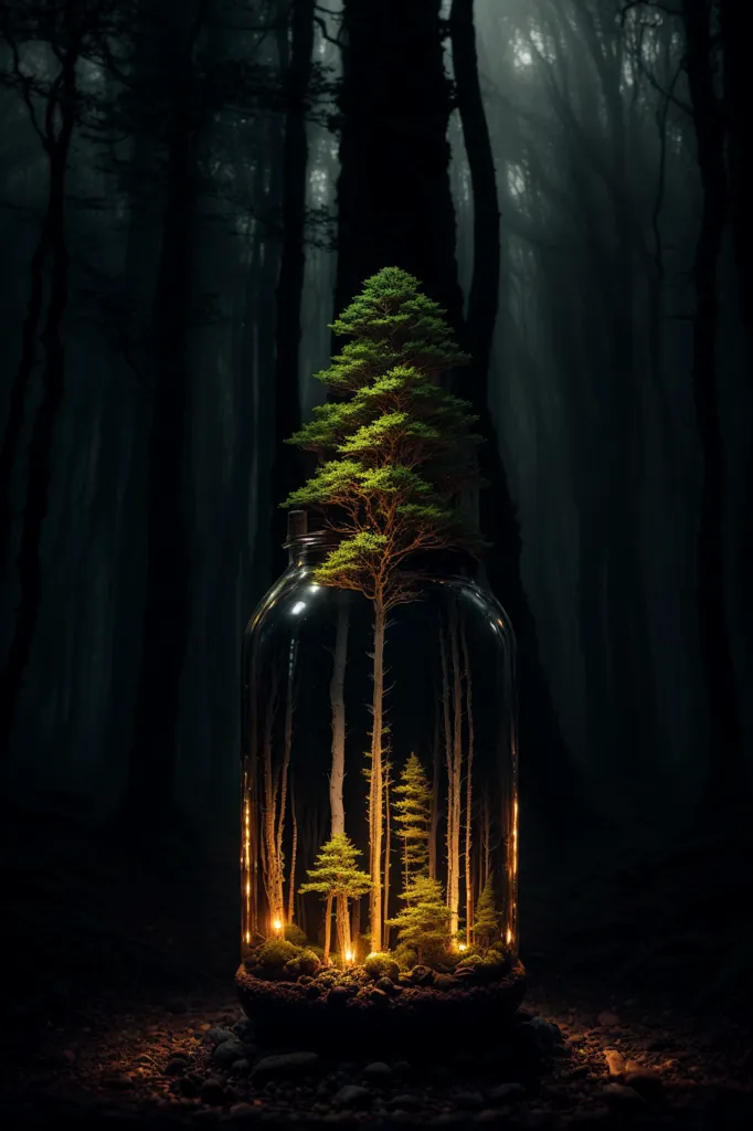 The image is a digital painting of a terrarium. The terrarium is made of glass and contains a variety of plants, including a large tree, several smaller trees, and some moss. There is also a small amount of water in the terrarium. The terrarium is lit by a warm light, which is coming from inside the terrarium. The background of the image is a dark forest. The image is very detailed and realistic.