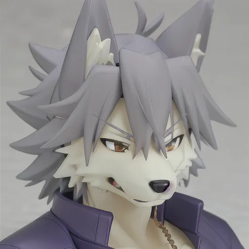 The image shows a close-up of a wolf furry character. The character has grey and white fur, with darker grey markings around his eyes and on his ears. He is wearing a purple jacket with a white shirt collar. He has a determined expression on his face, and is looking to the side with his yellow eyes.