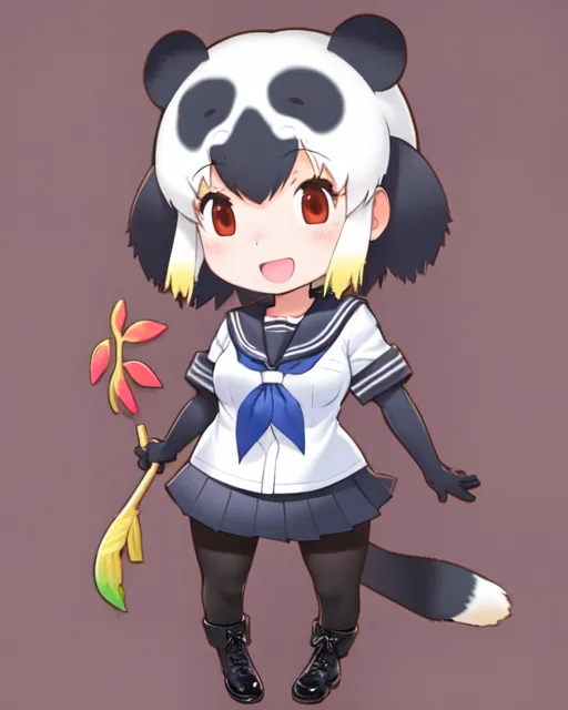 The image is of a chibi girl with a panda hat and a leaf in her hand. She is wearing a white shirt, black skirt, and boots. She has red eyes and black hair.