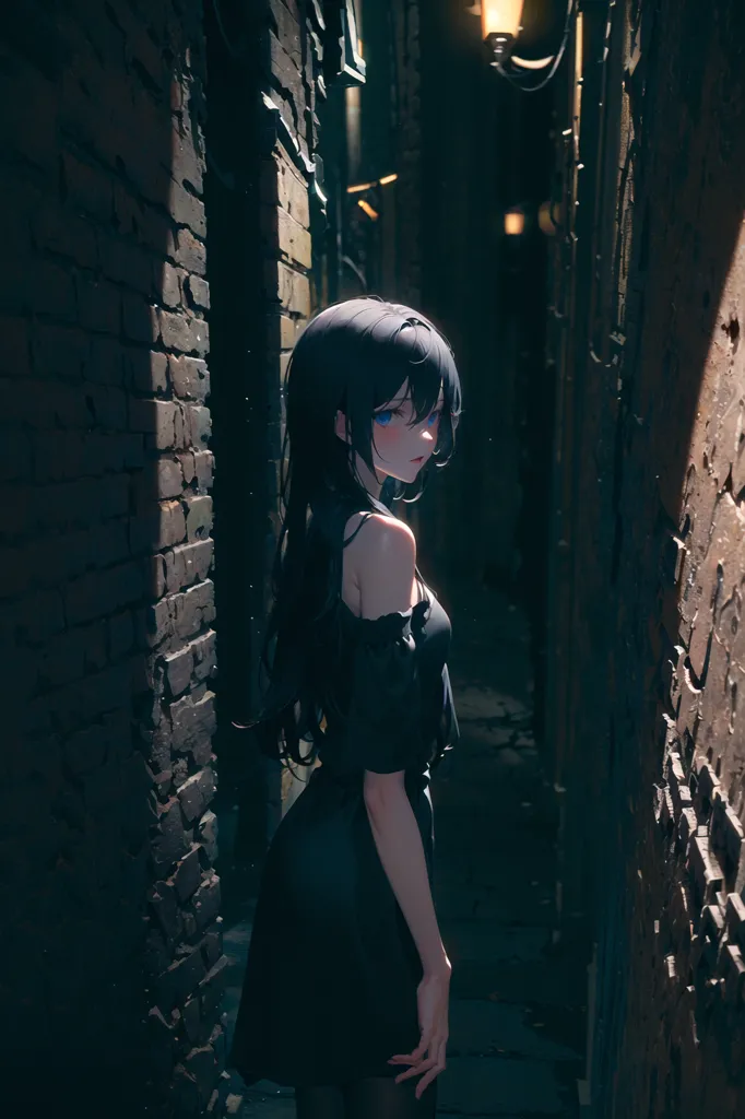 The image is a dark and moody portrait of a young woman. She is standing in a narrow alleyway, with her back to the viewer. She is wearing a black dress with off-the-shoulder sleeves. Her long black hair is flowing down her back. Her face is partially obscured by her hair, but her blue eyes are visible. She is looking over her shoulder at the viewer with a sad expression.