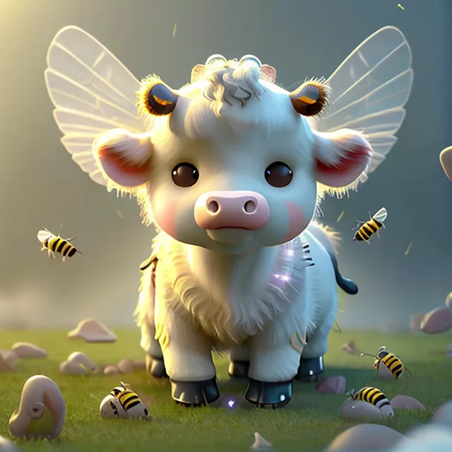 The image is of a small, white, winged cow. It has large, brown eyes and a pink nose. There are bees flying around it. The cow is standing on a green field. There are some rocks and flowers on the ground. In the background, there is a large tree. The cow is looking at the viewer.