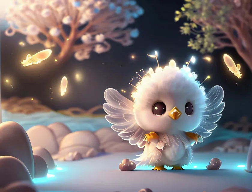 The image is of a small, white creature with wings. It is standing on a blue surface, surrounded by glowing rocks and plants. The creature has large, round eyes and a fluffy tail. It is looking at the viewer with a curious expression. There are also some small, glowing creatures flying around it. The background is a dark forest with a starry sky. The image is very cute and whimsical.