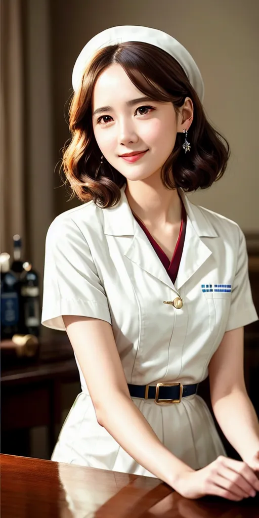 The image shows a young woman wearing a white nurse's uniform. She has short brown hair and brown eyes. She is smiling and looking at the camera. There are bottles of wine in the background.