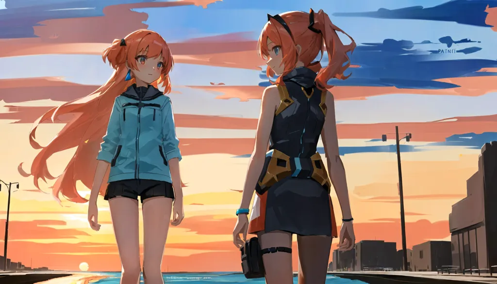 The image is of two anime girls standing next to each other on a pier. The girl on the left is wearing a blue jacket and black shorts, while the girl on the right is wearing a black vest and shorts. They are both looking out at the ocean. The sun is setting in the background, casting a pink and purple glow over the sky. The image is drawn in a realistic style, with great attention to detail. The girls' hair is flowing in the wind, and their clothes are detailed. The background is also well-rendered, with a beautiful sunset and a realistic ocean.