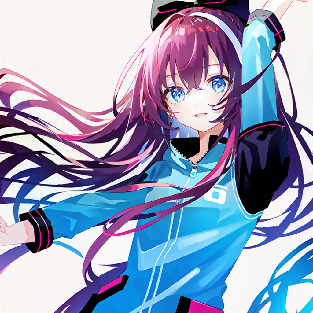 This is an image of a young woman with long purple hair and blue eyes. She is wearing a blue and black jacket with pink and black headphones. She is smiling and has her arms outstretched. She is standing in front of a white background and there are multicolored lights surrounding her.