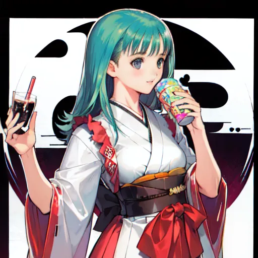 The picture shows a beautiful anime girl with green hair and blue eyes. She is wearing a white kimono with a red obi and a red ribbon in her hair. She is holding a can in her right hand and a straw in her left hand. The background is white with a black circle in the middle.