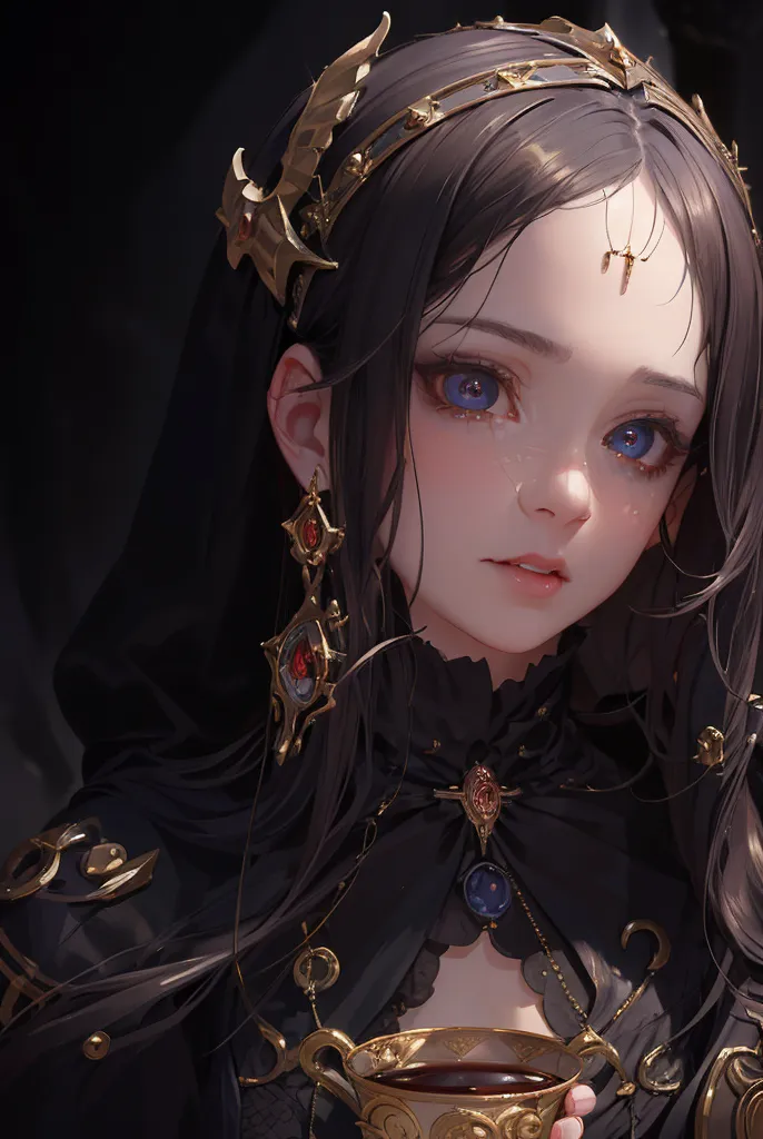 The image is a portrait of a young woman with long, dark hair. She is wearing a black dress with a white collar and a gold crown. She has blue eyes and is looking at the viewer with a slightly sad expression. She is holding a golden goblet in her hands.